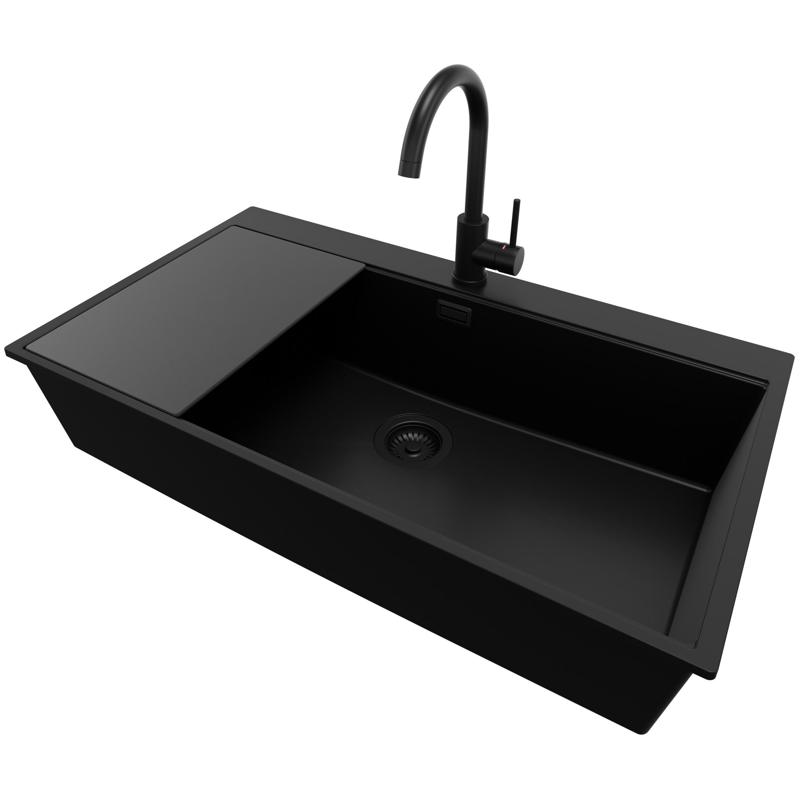 GRANITSPÜLE Oslo, 2-er set Alles Schwarz 88/50 cm 1 Becken + Küchenarmatur 32/20 cm + Ablauf-Set + Schneidebrett ab 90er Unterschrank - Schwarz, Kunststoff (88/20/50cm) - Primagran