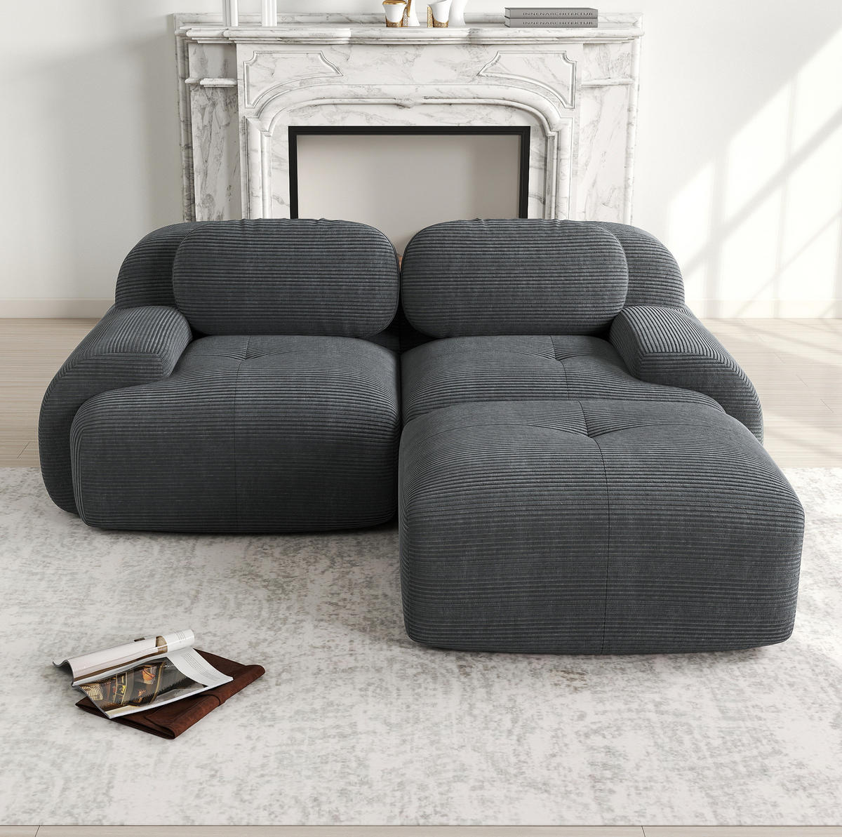 ECKSOFA modular rahmenlos mit geschwungenen Armlehnen und Cordbezug, Grau - Grau, Textil (208/178cm) - Redom