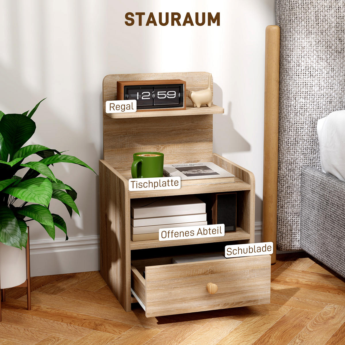 NACHTTISCH mit Schublade, 40 x 35 x 66 cm, Naturholz - Naturfarben, Holzwerkstoff (40/66/35cm) - HOMCOM
