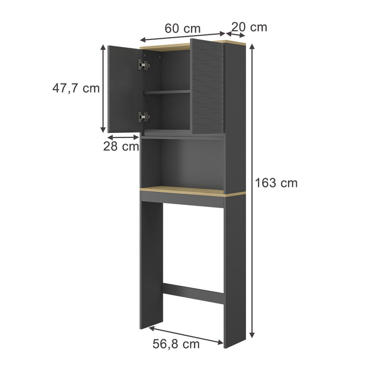 TOILETTENSCHRANK Livia Anthrazit 60 x 163 cm - Anthrazit/Naturfarben, Holzwerkstoff (60/163/20cm) - Vicco