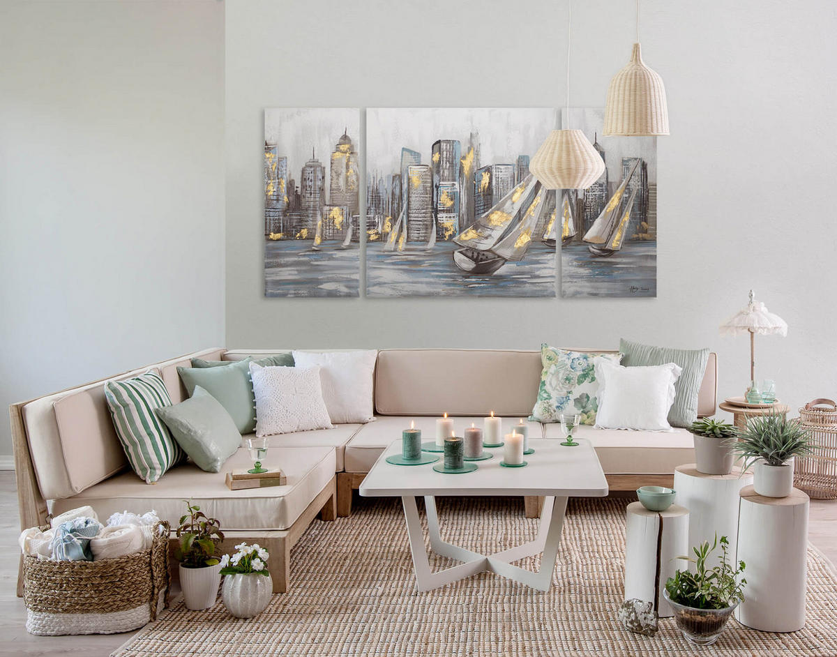 LEINWANDBILD 3-TEILIG Gelb 140/70 cm - Gelb/Grau, Textil (140/70cm) - KUNSTLOFT
