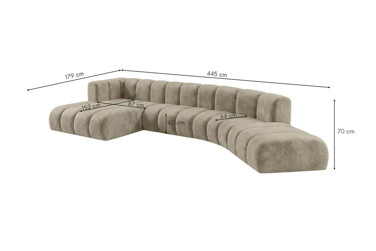 ECKSOFA Modulares In L-Form, Velvet-Stoff Riviera, Beige, Links, GRAND Round - Beige, Holz (445/179cm) - Kaiser Möbel