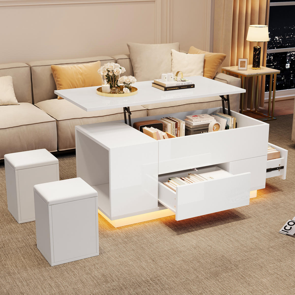 COUCHTISCH 100/50/45 cm Weiß aus Spanplatte höhenverstellbar mit LED - Weiß, Holzwerkstoff (100/50/45cm) - OKMYHOME