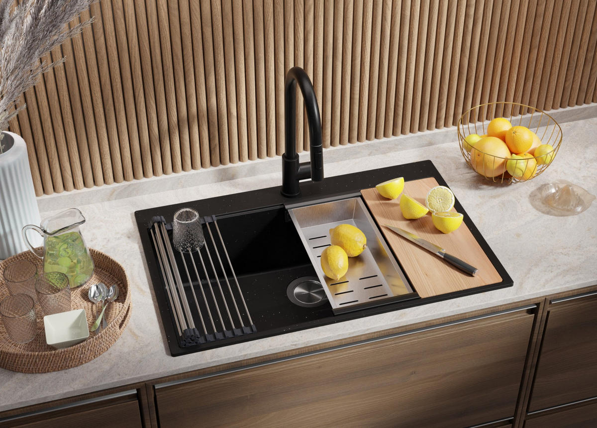 SPÜLBECKEN Oslo, 3-er set Schwarz Metallic 78/50 cm, 1 Becken + Ablauf-Set + Schneidebrett ab 80er Unterschrank - Chromfarben/Schwarz Hochglanz, Kunststoff (78/20/50cm) - Primagran