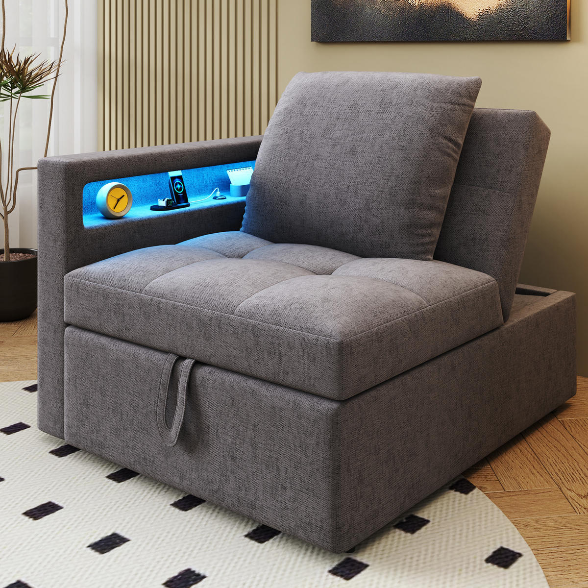 SCHLAFSOFA 3-in-1 Leinenstoff mit 5-fach verstellbarer Rückenlehne und USB-Anschluss Dunkelgrau 177/68/65 cm - Dunkelgrau, Textil (68/65/177cm) - Redom