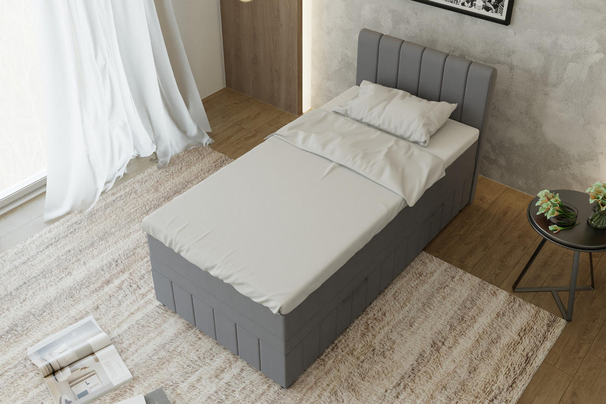 BOXBETT AVALON 100 x 200 cm mit Bettkasten und Topper - Dunkelgrau - Dunkelgrau, Holz - Panda Möbel