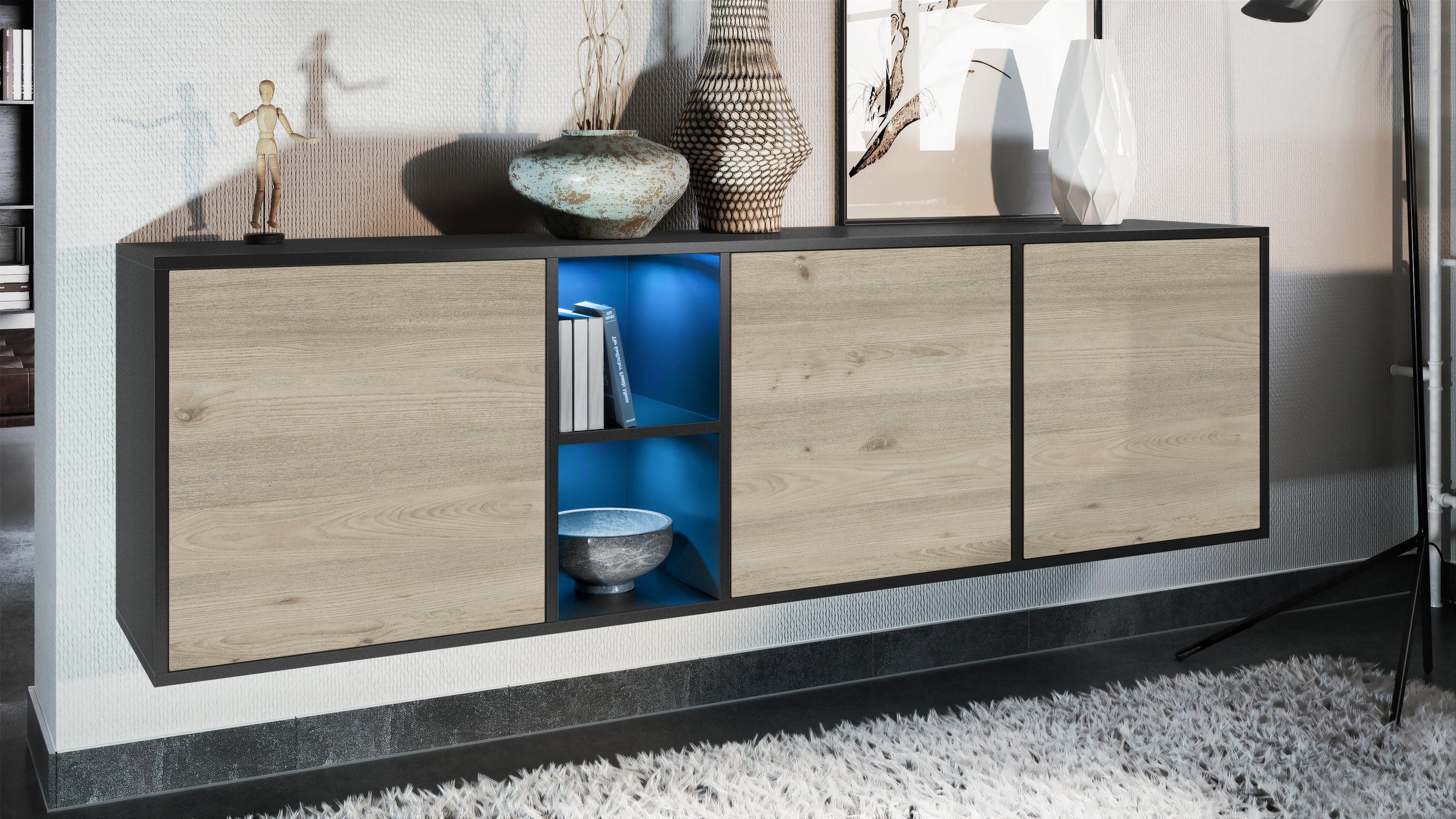 SIDEBOARD Cuba Türen in Eiche Nordic - Silbereichenfarben, Holzwerkstoff (182/53/35cm) - Vladon