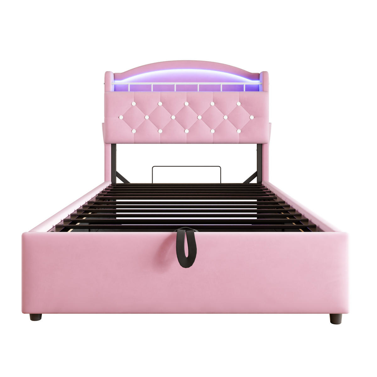 DJEČJI tapecirani krevet 90/200 cm ružičasti od tkanine s LED rasvjetom, USB priključcima i spremištem - pink, tekstil (90/200cm) - OKWISH