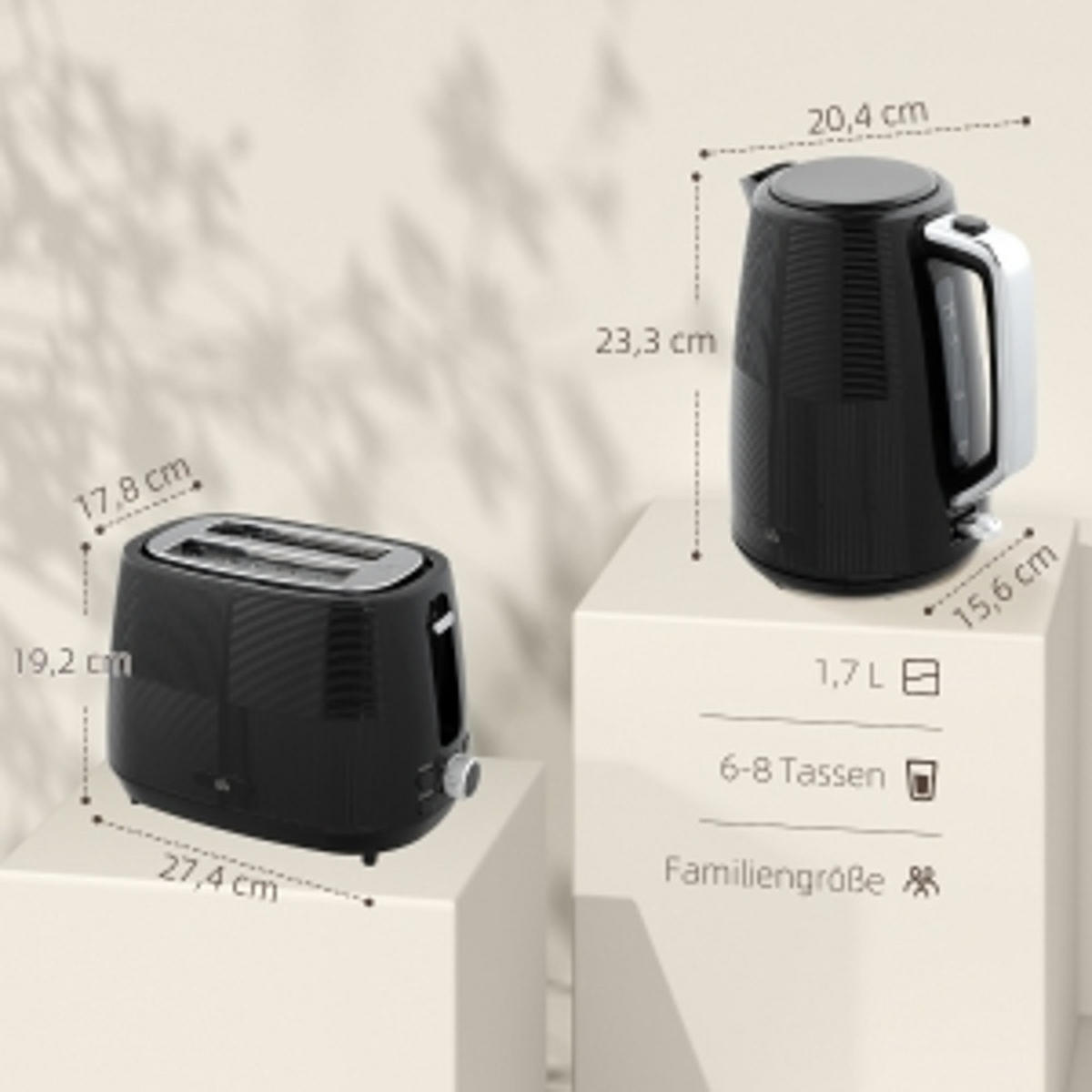 WASSERKOCHER-TOASTER Edelstahl Schwarz 1,7 L - Schwarz, Kunststoff (15.6/23.3/20.4cm) - Rolipo