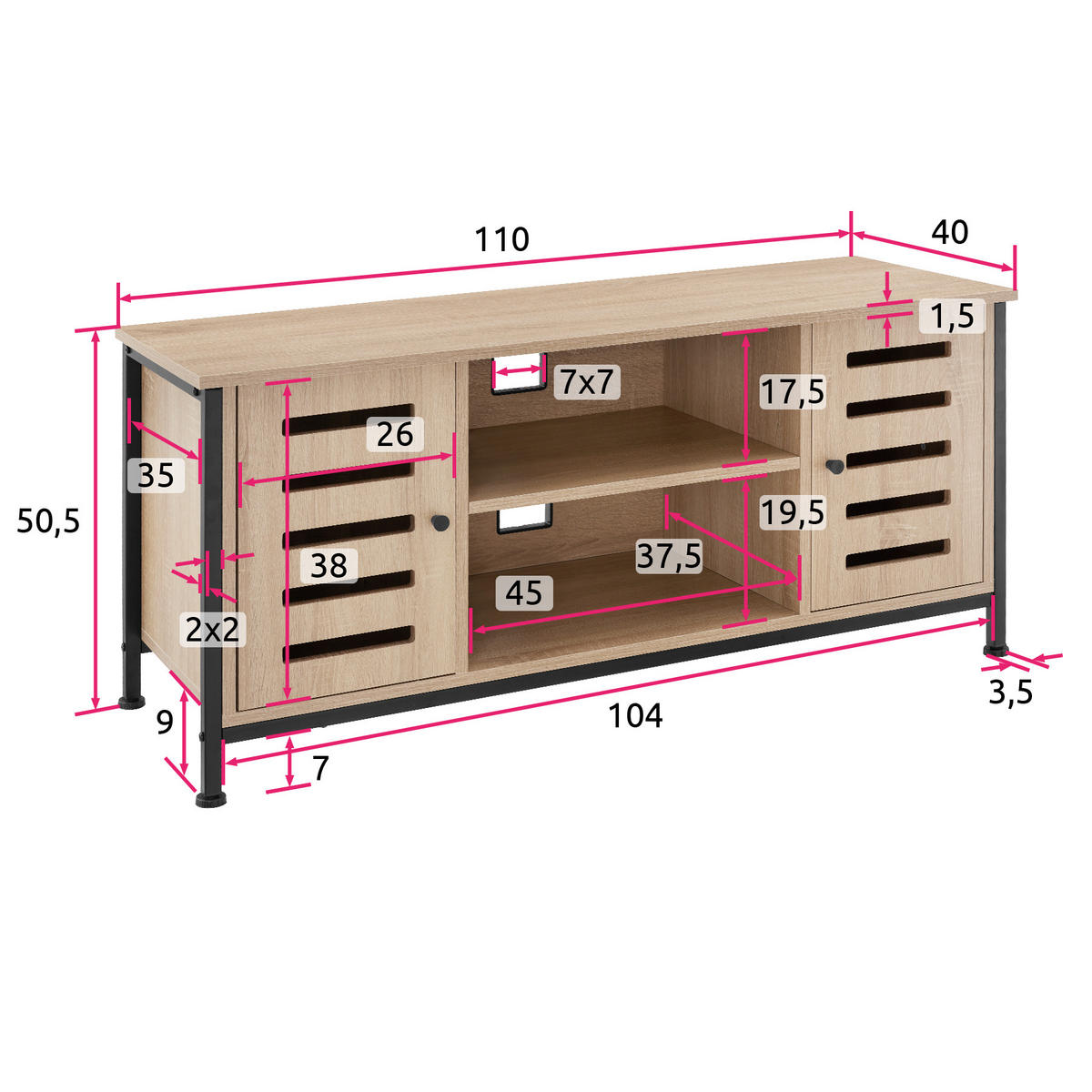 TV-BOARD Carlow,110 x 41,5 x 50,5 cm,Industrial Holz hell, Eiche Sonoma - Naturfarben, Holzwerkstoff (41.5/50.5/110cm) - tectake