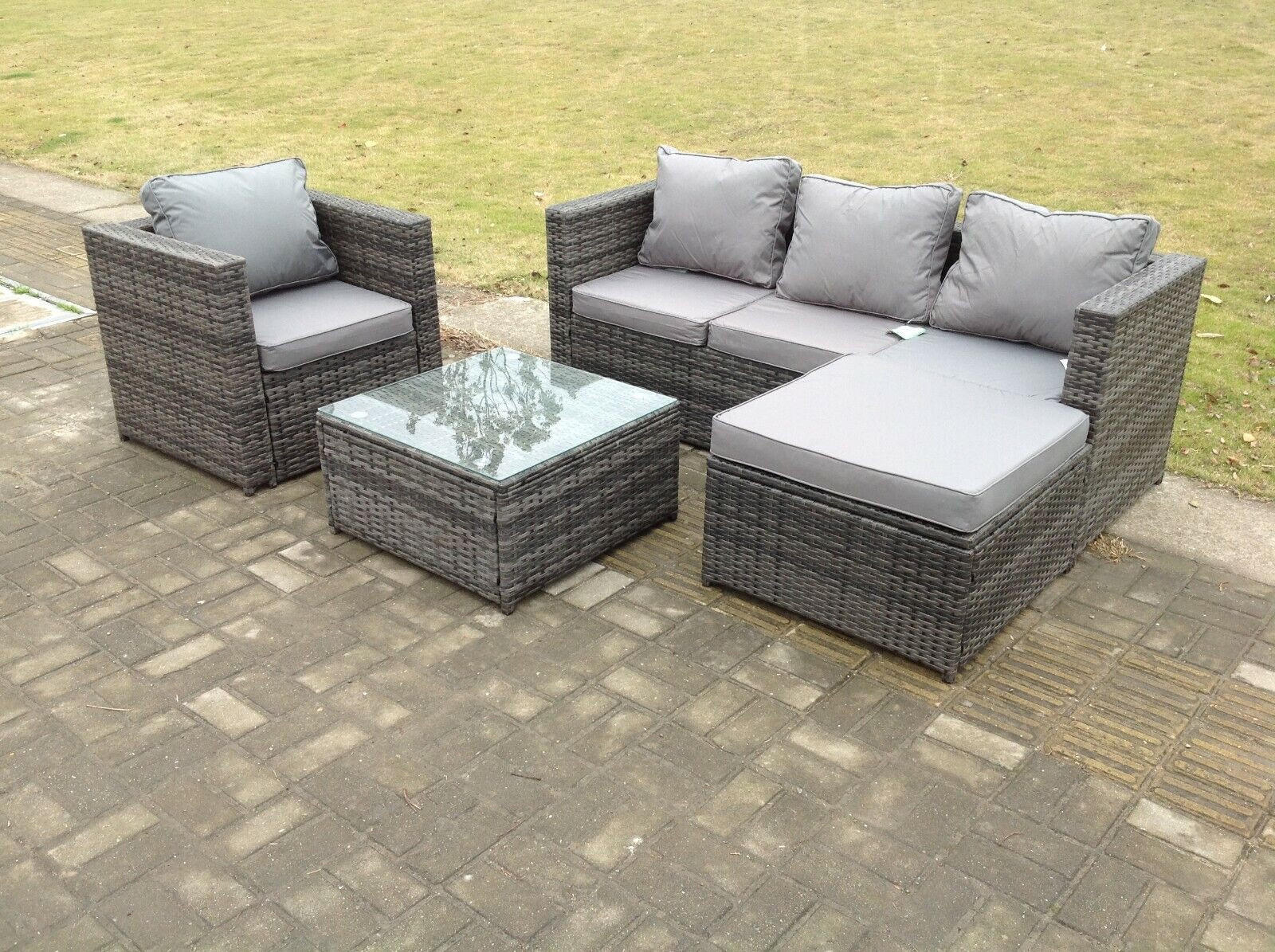 GARTENMÖBELSET mit Couchtisch Polyrattan 5-Sitzer - Dunkelgrau/Grau, Glas/Kunststoff - Fimous