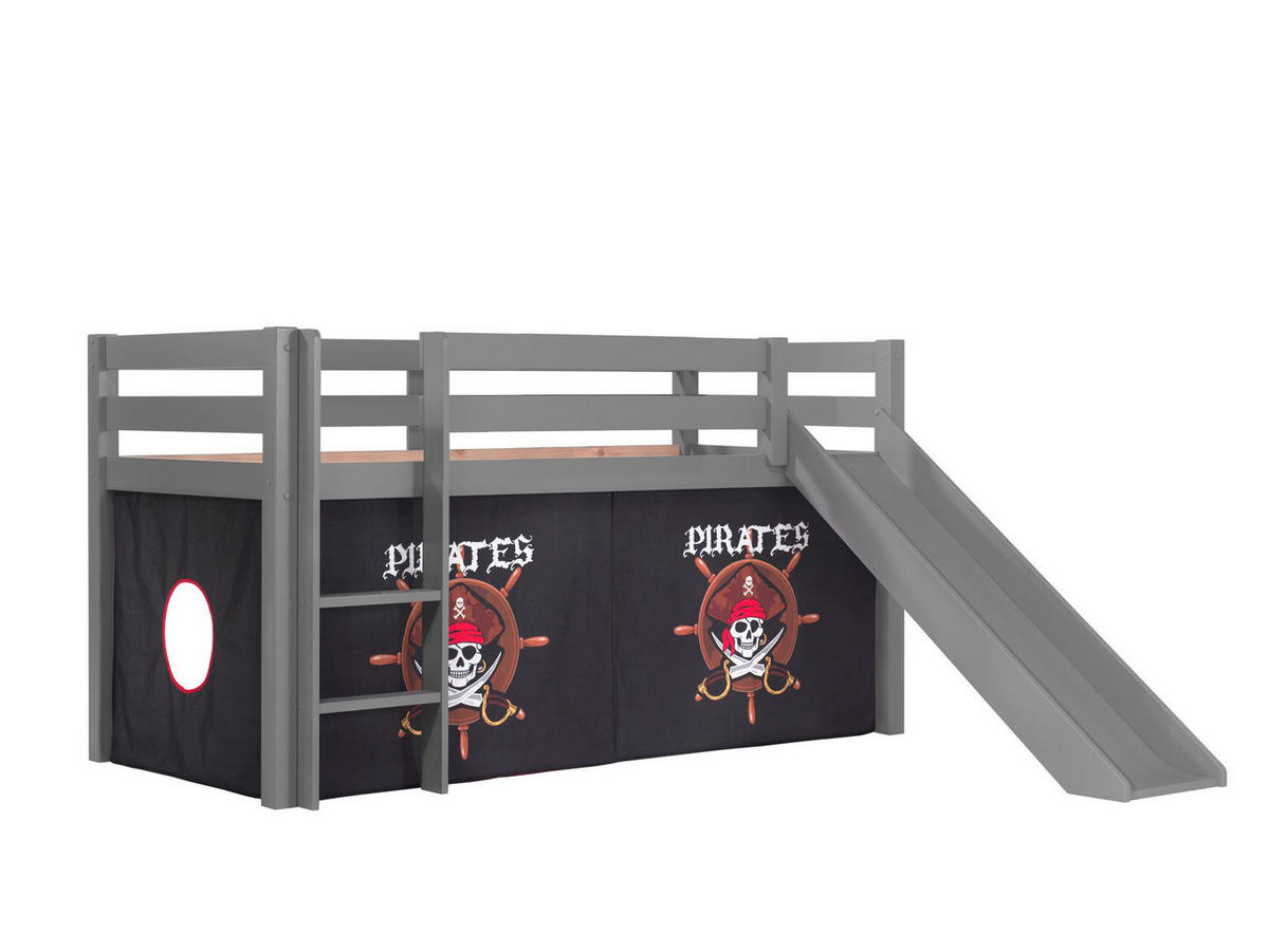 HOCHBETT mit Rutsche Karolina Massivholz Grau Textilset Pirate - Schwarz/Grau, Holz (90/200cm) - 58aufmkessel