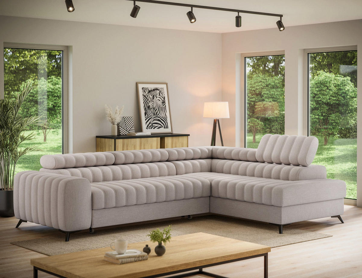 KANEDO Ecksofa mit Schlaffunktion und Bettkasten – Modernes Designsofa, verstellbare Kopfstützen, Metallfüße - Beige, Kunststoff (269/86cm) - Wohnideebilder