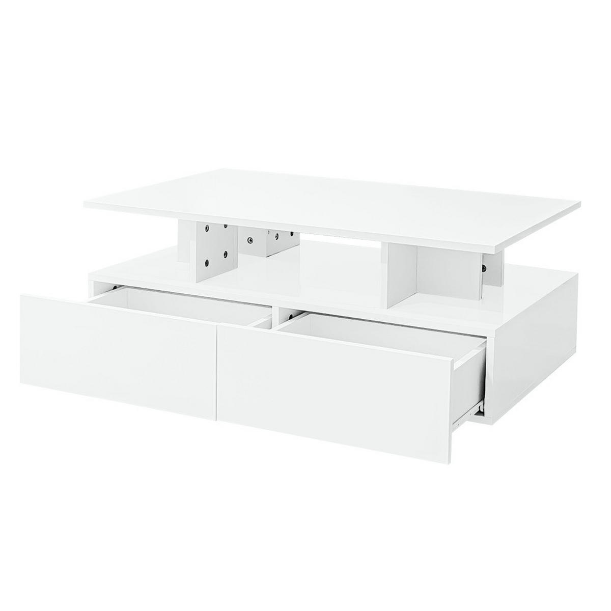 COUCHTISCH 90x55cm Weiß Hochglanz LED 2 Schubladen Stauraum 30kg Belastbar - Weiß, Holz (101.98/65.51/14.99cm) - FLIEKS