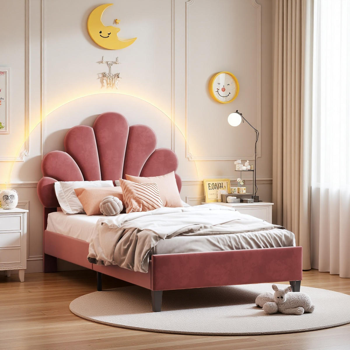 KINDERBETT 90x200 cm Blumen Kopfteil Lattenrost Samt rosa - Rot, Holz (90/200cm) - LEBENLANG