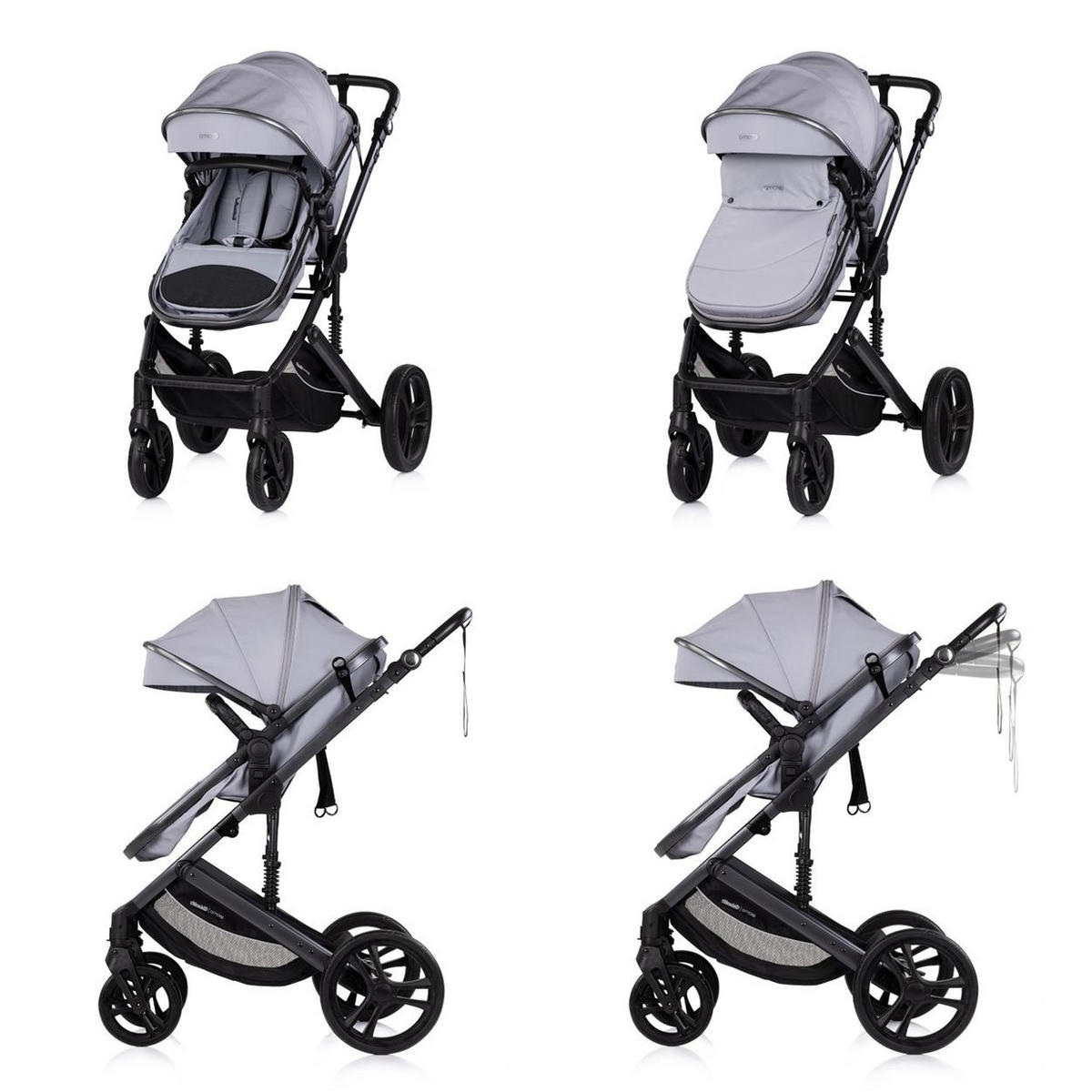 KOMBIKINDERWAGEN 2 in 1 Amore hellgrau Getränkehalter Wickeltasche Fußabdeckung Korb - Schwarz, Metall (95/63/105cm) - Chipolino