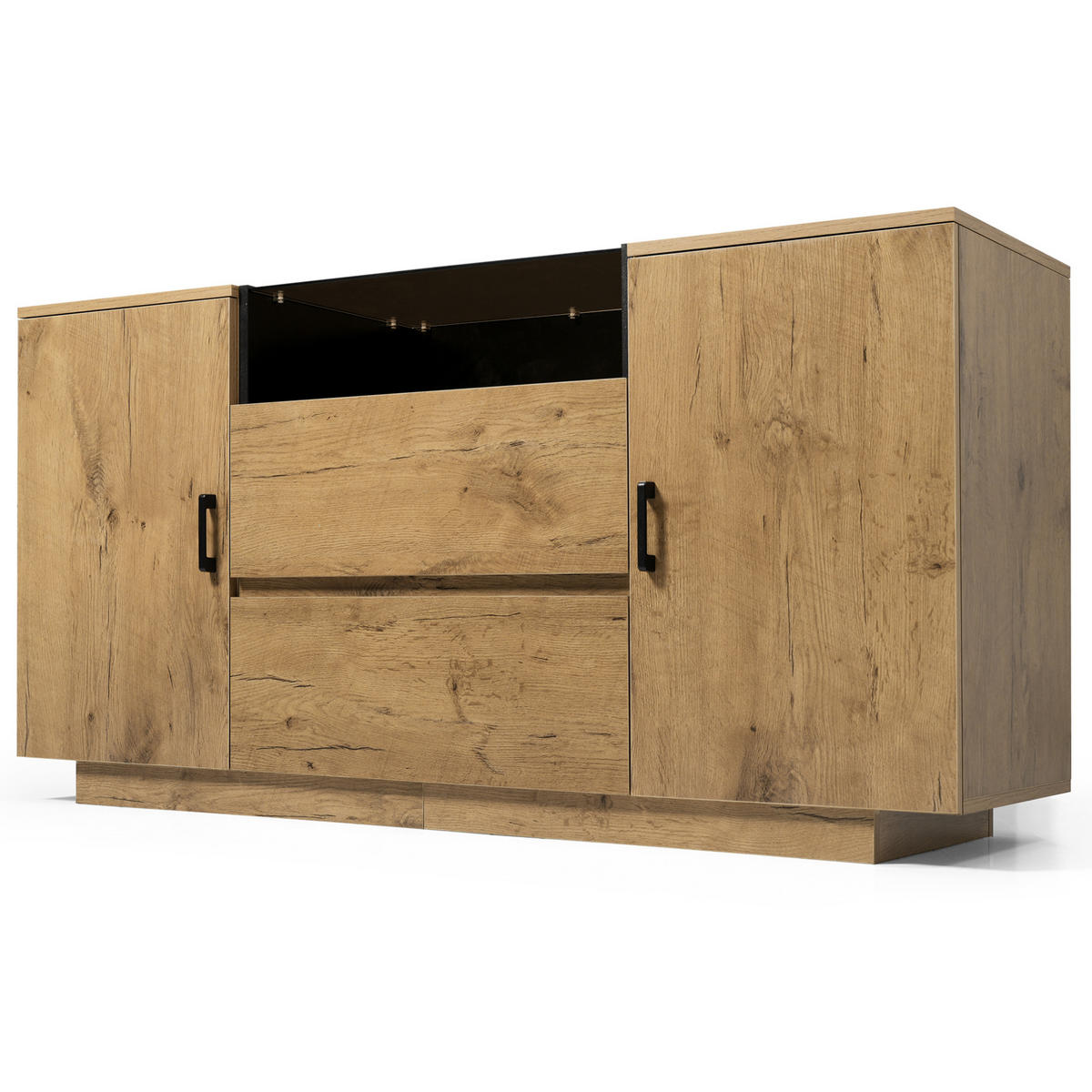 SIDEBOARD 140/40/70 cm Eiche aus Holzwerkstoff mit ESG-Glas und 2 Schubladen - Eichefarben, Glas (140/70/40cm) - OKWISH