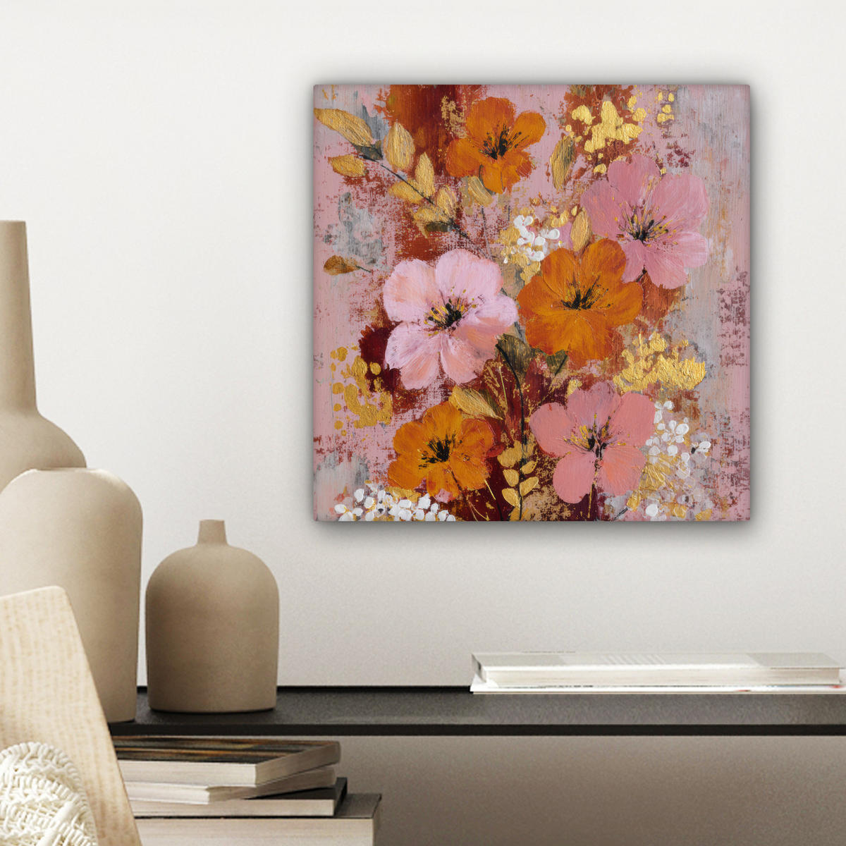 LEINWANDBILD Malerei - Blumen - Rustikal - Rosa Deko Wohnzimmer 20x20 cm - Altrosa, Textil (20/20cm) - MuchoWow