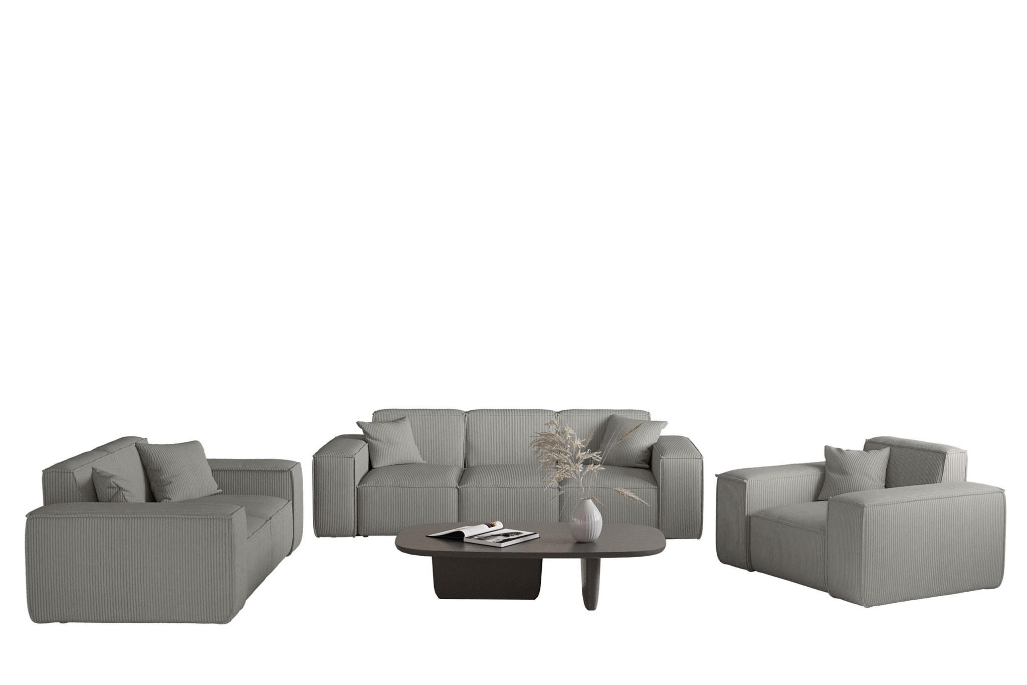 SOFASET Celes Premium 3-2-1 Stoff Scala - Grau, Holzwerkstoff/Textil (225/73/88cm) - Fun Möbel