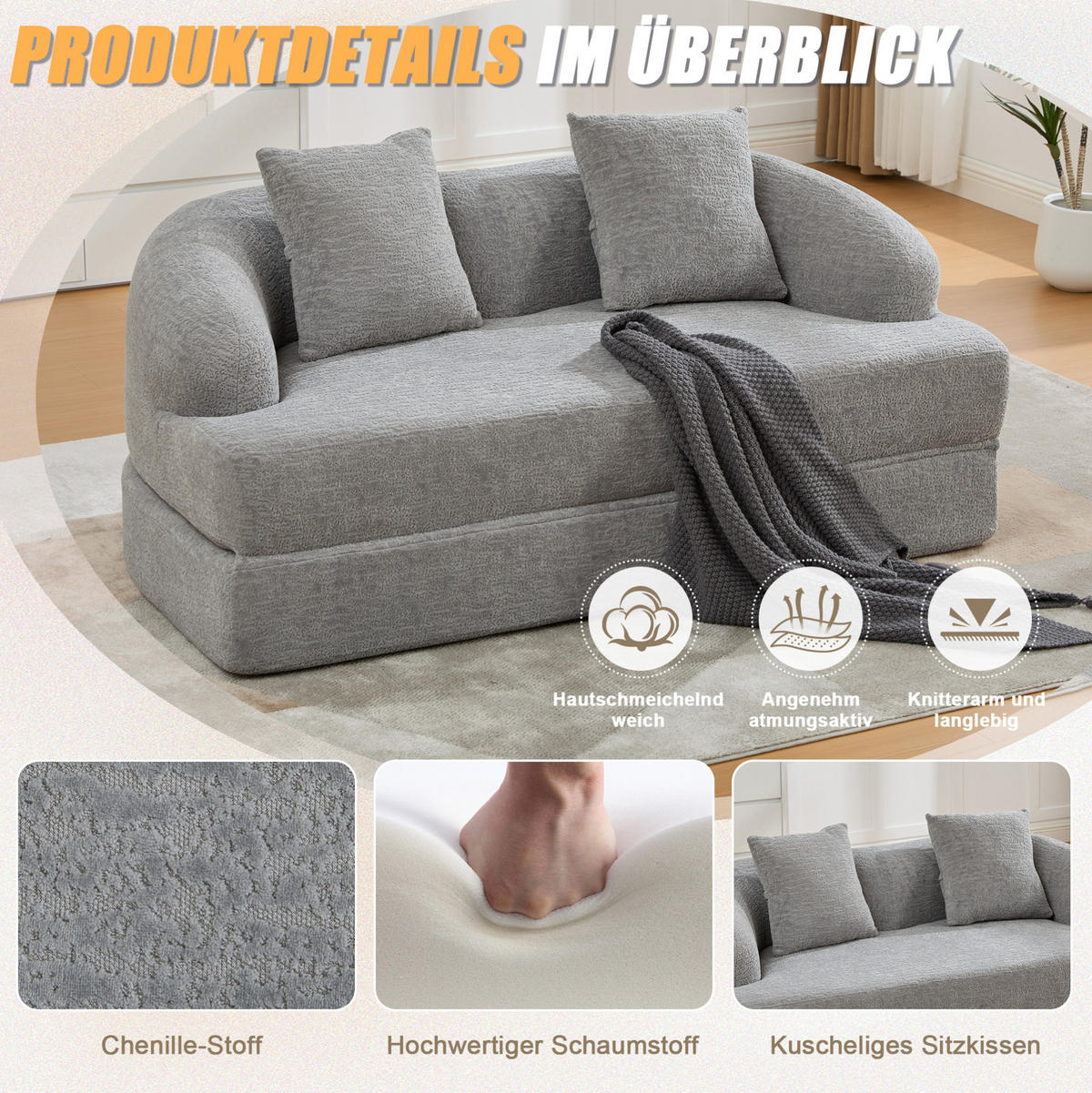 SCHLAFSOFA 157/84/65 cm aus Chenille mit Klappfunktion Hellgrau - Hellgrau, Textil (84/65/157cm) - Modenvie