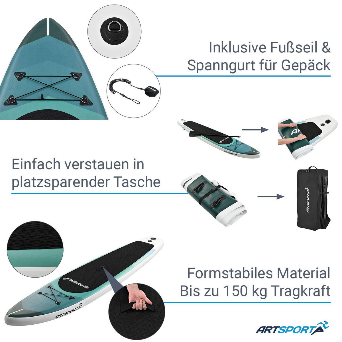 STAND UP Paddle Board Blue Wave aufblasbar mit Tasche & Zubehör - Grün, Kunststoff (320/76.5/15cm) - Artsport