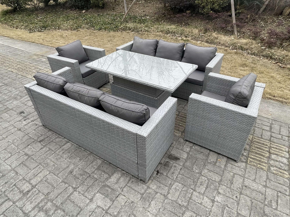 GARTENSOFA SET mit höhenverstellbarer Tisch Polyrattan Helles Grau 8-Sitzer - Hellgrau, Metall - Fimous