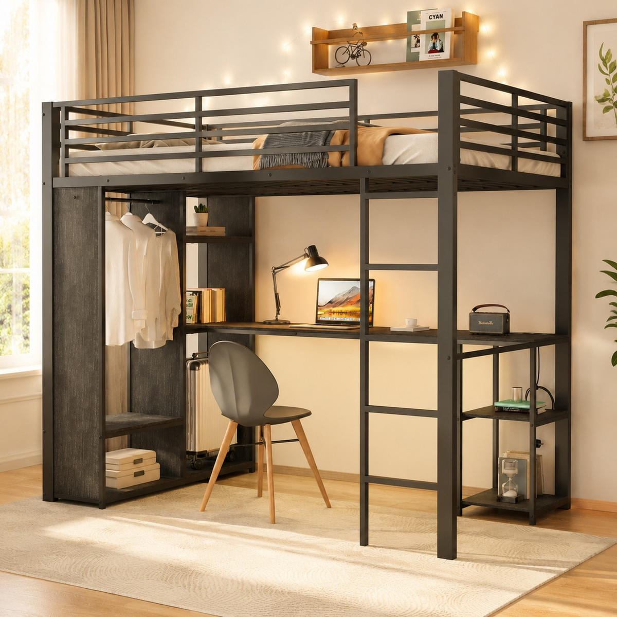 HOCHBETT 90x200 cm in Schwarz mit Schreibtisch, LED-Beleuchtung und offenem Kleiderschrank - Schwarz, Holzwerkstoff (90/200cm) - IVMEU