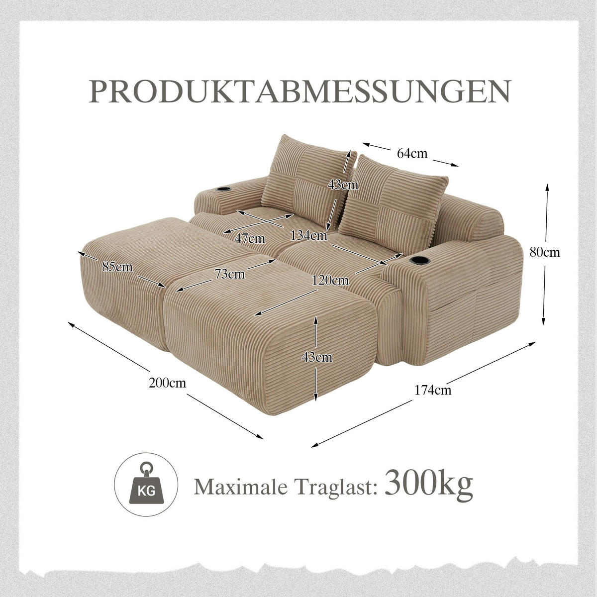 MODULARES 2-Sitzer Cordsofa mit 2 Hockern Getränkehalter und Seitentasche 200/174/80 cm Sandfarben - Sandfarben, Textil (174/80/200cm) - Redom