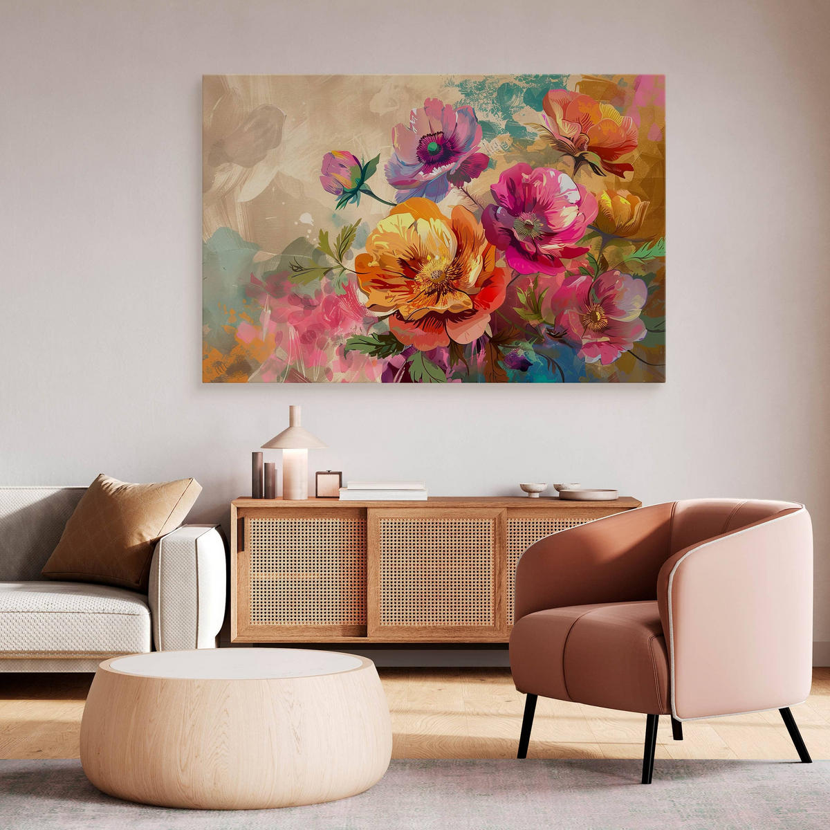 LEINWANDBILD für Wohnzimmer bunte Blumen Blätter Natur 120cm x 80cm - Blau/Beige, Textil (120/80cm) - Muralo