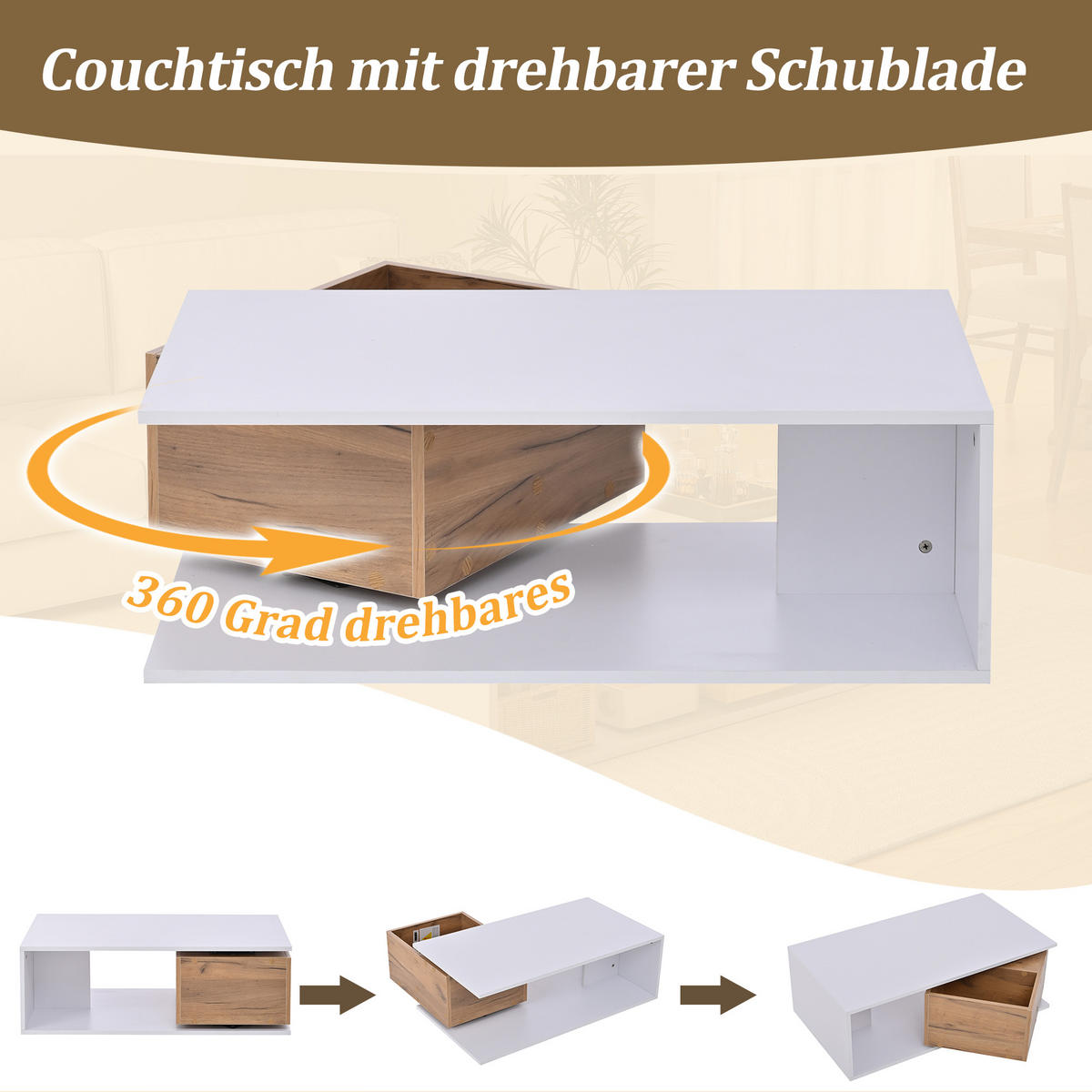 COUCHTISCH Hochglanz Weiß/Holz - Weiß, Holzwerkstoff (90/50/30cm) - ComfortXL
