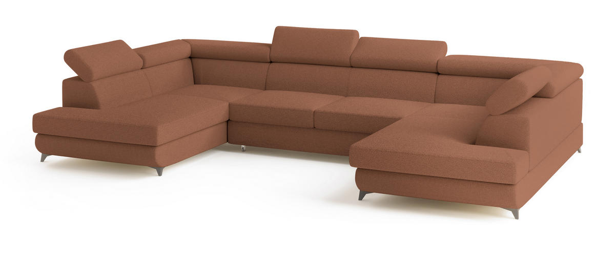 WOHNLANDSCHAFT VINTESSA Kupferfarben Boucle-Stoff mit Schlaffunktion - Kupferfarben, Holz (323/89/190cm) - MASSENO