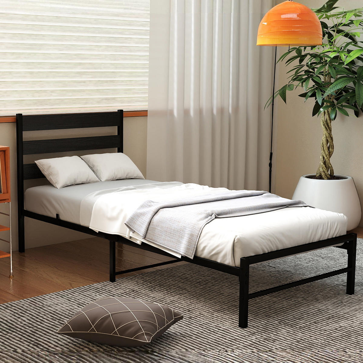 METALLBETT 90/200 cm Schwarz mit komfortablem Kopfteil - Schwarz, Metall (90/200cm) - OKWISH