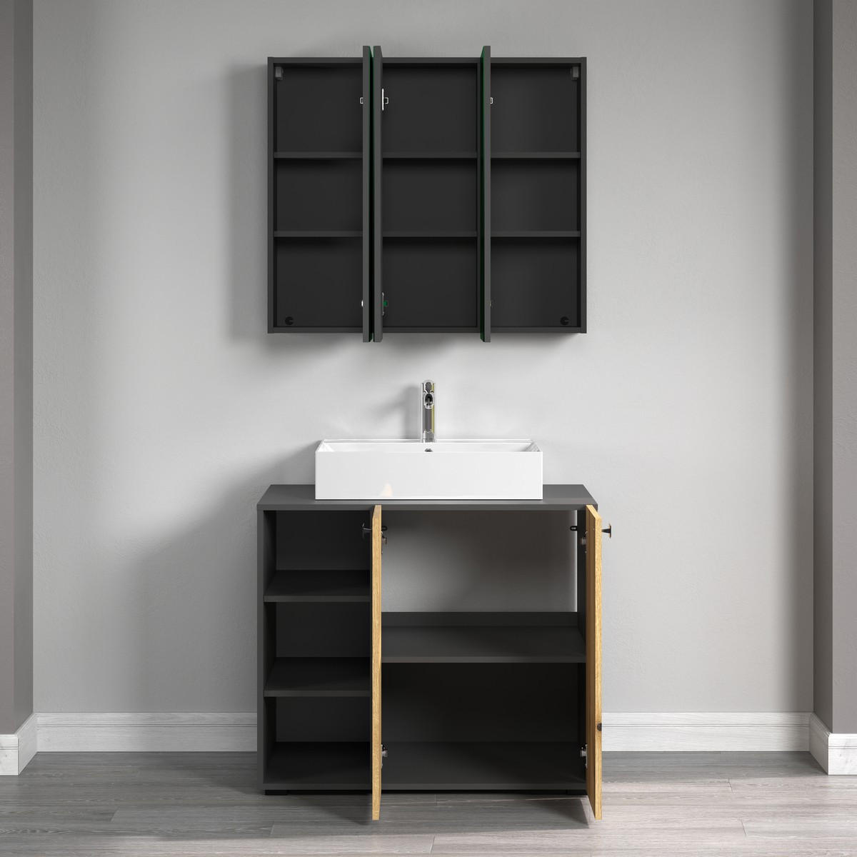BADEZIMMERSCHRANK mit spiegel und 3 türen - purebliss 90/20/80 cm - Anthrazit, Holzwerkstoff (90/80/20cm) - Trendteam