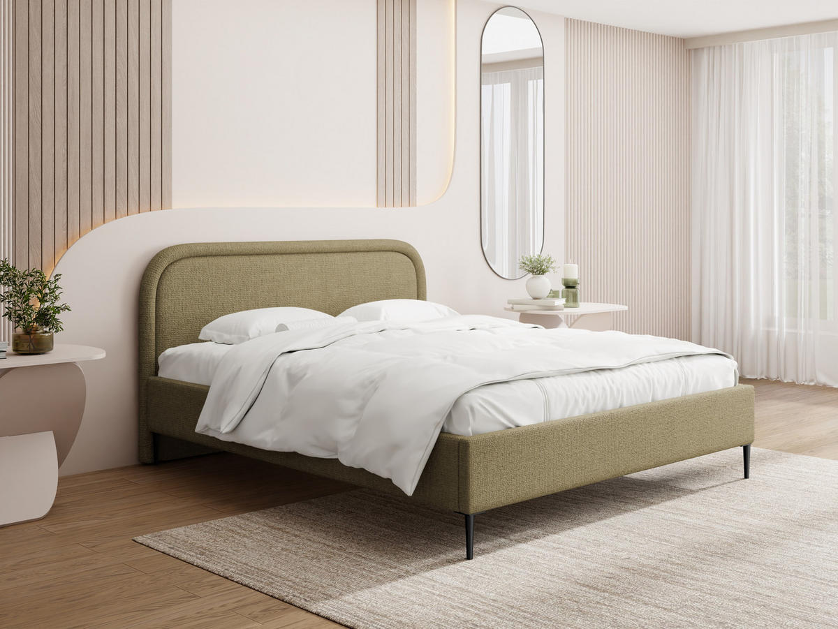 POLSTERBETT Jasmine Slim mit Bettkasten, Lattenrost & hohen Metallfüßen in Hell-Olivgrün Chenille 140x200 cm - Birkefarben/Schwarz, Holz/Textil (140/200cm) - WFL GROUP