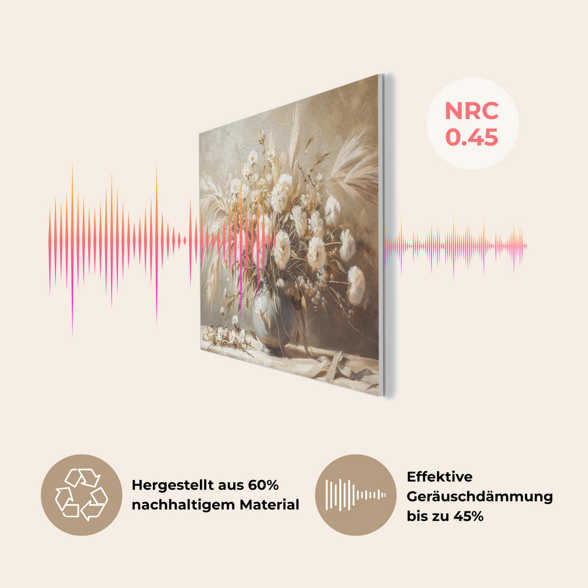 AKUSTIKPANEEL Blumen - Vase - Stilleben - Beige 80x60 cm - Creme, Textil (80/0.9/60cm) - MuchoWow