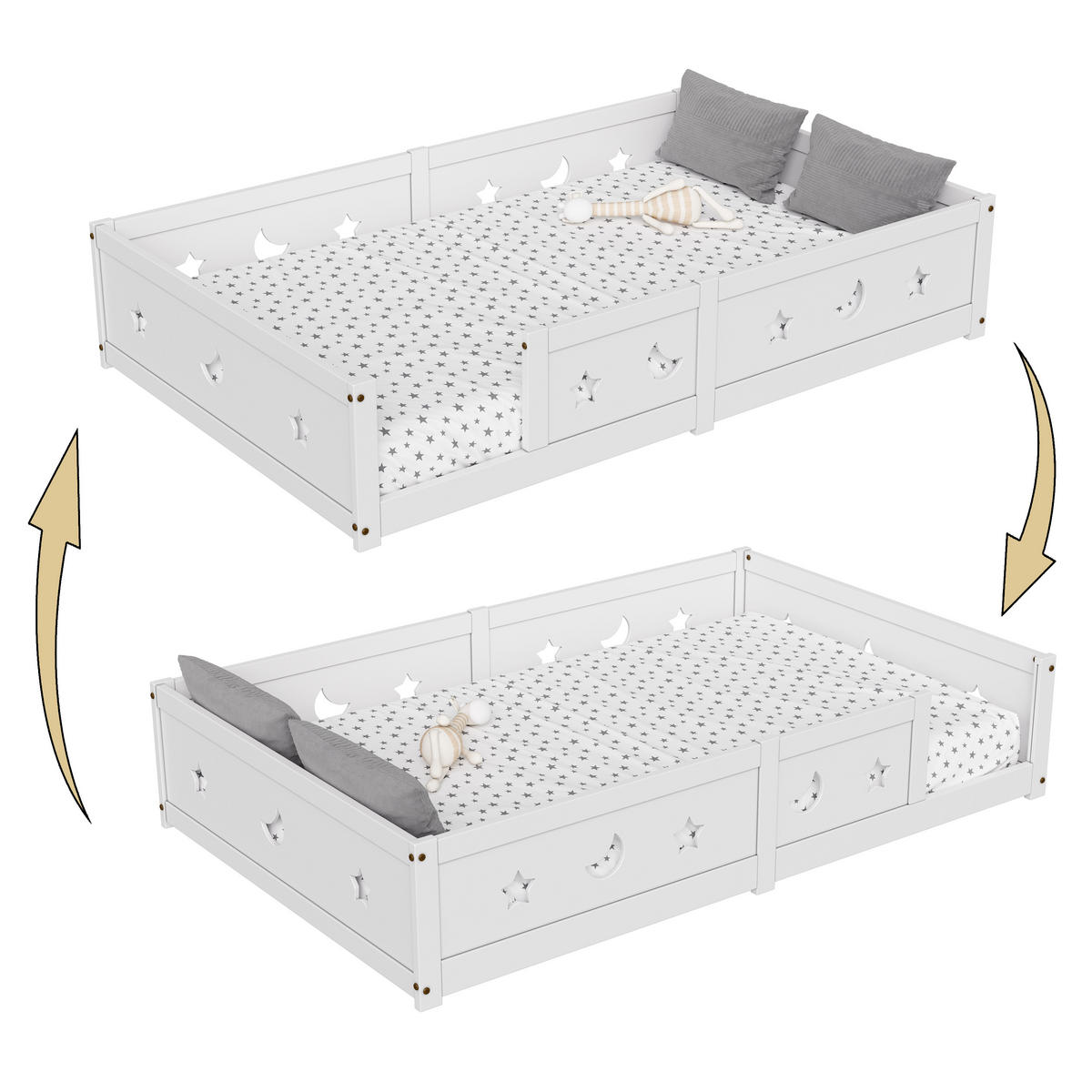 KINDERBETT 120x200 cm Massivholz Lattenrost Stern Mond weiß - Weiß, Holz (120/200cm) - LEBENLANG