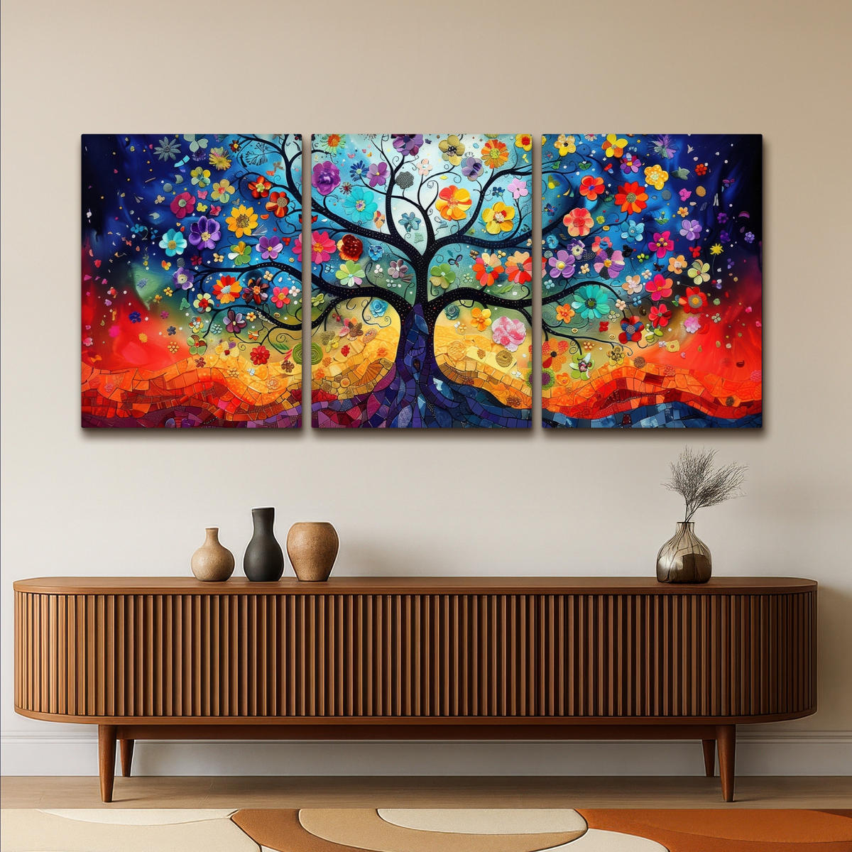 LEINWANDBILD 3er Set Bunt - Baum des Lebens - Blumen - Abstrakt 180x80 cm - Blau, Textil (180/80cm) - MuchoWow