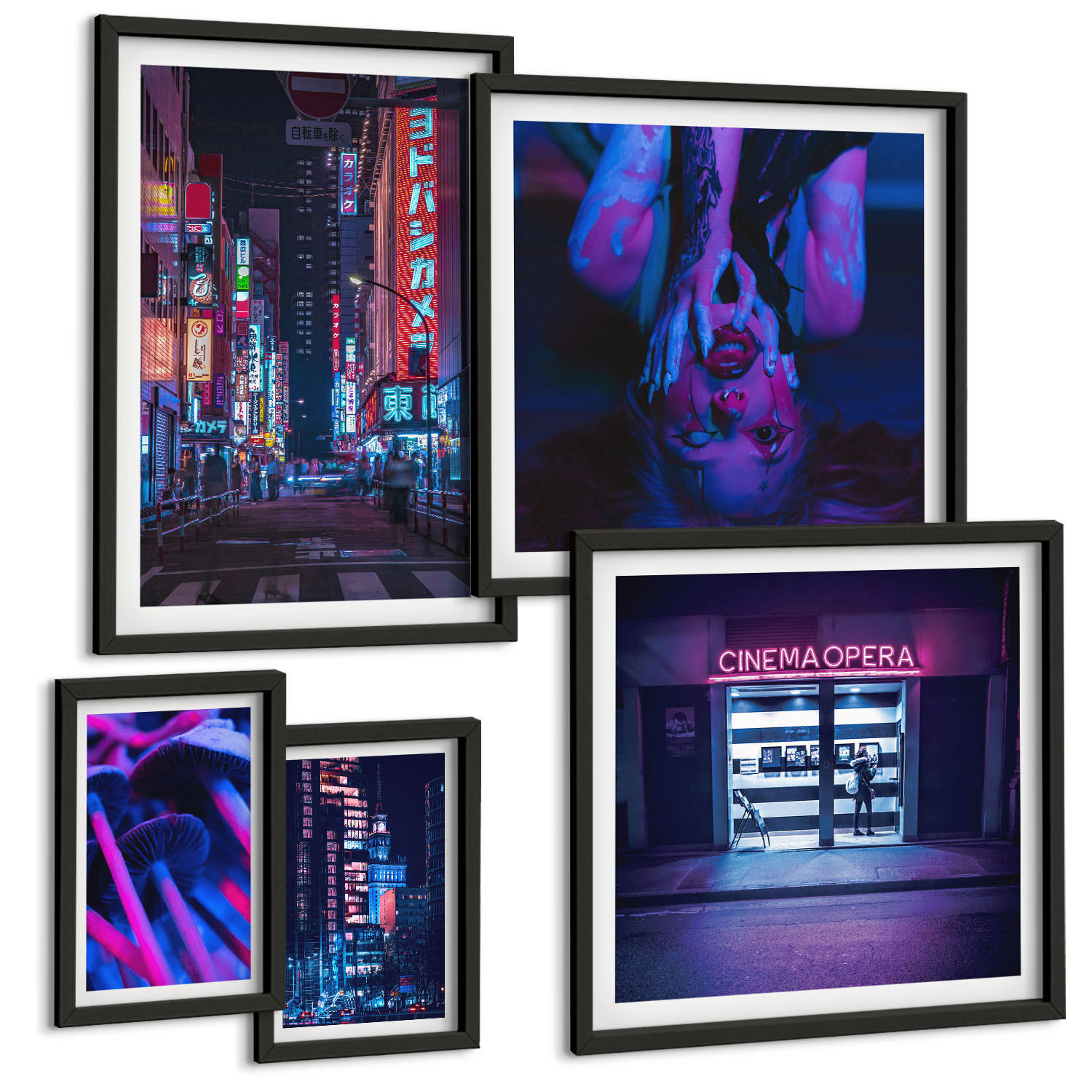 BILDER SET 5er Set - 50x50 cm & 20x30 cm & 40x60 cm Schwarzer Rahmen - Kosmische Sternenlandschaften - Schwarz, Kunststoff (40/60cm) - TULUP