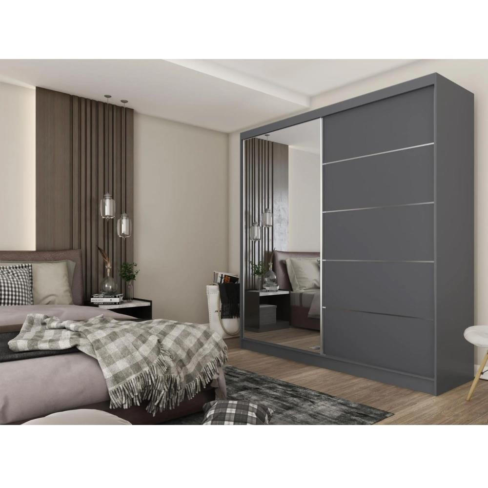 SCHWEBETÜRENSCHRANK Marika 200/216/61 graphit mit Spiegel und Schubladen - Graphitfarben, Holzwerkstoff (200/216/61cm) - Beautysofa