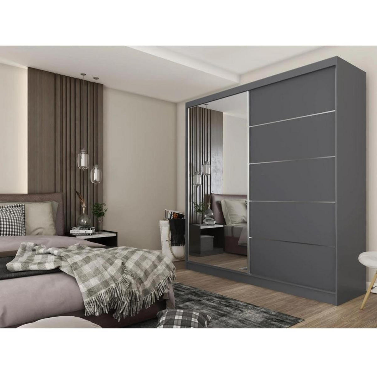 SCHWEBETÜRENSCHRANK Marika 200/216/61 graphit mit Spiegel und Schubladen - Graphitfarben, Holzwerkstoff (200/216/61cm) - Beautysofa
