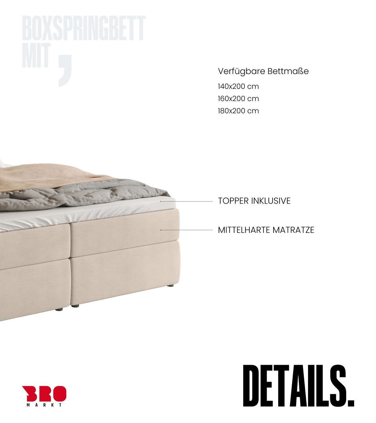 BOXBETT Dream mit Topper 160/200 Ecru - Ecru, Holzwerkstoff/Textil (160/200cm) - Bromarkt