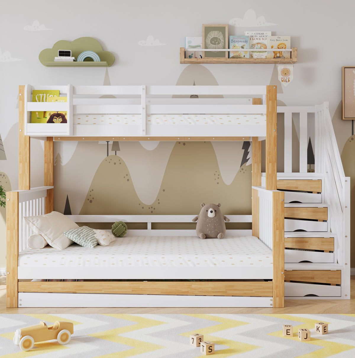 POSCHODOVÁ posteľ, 254/216,5/165 cm, masívne drevo a MDF biela/prírodná, s výsuvným lôžkom - biela, drevo (90/200cm) - BEAOK