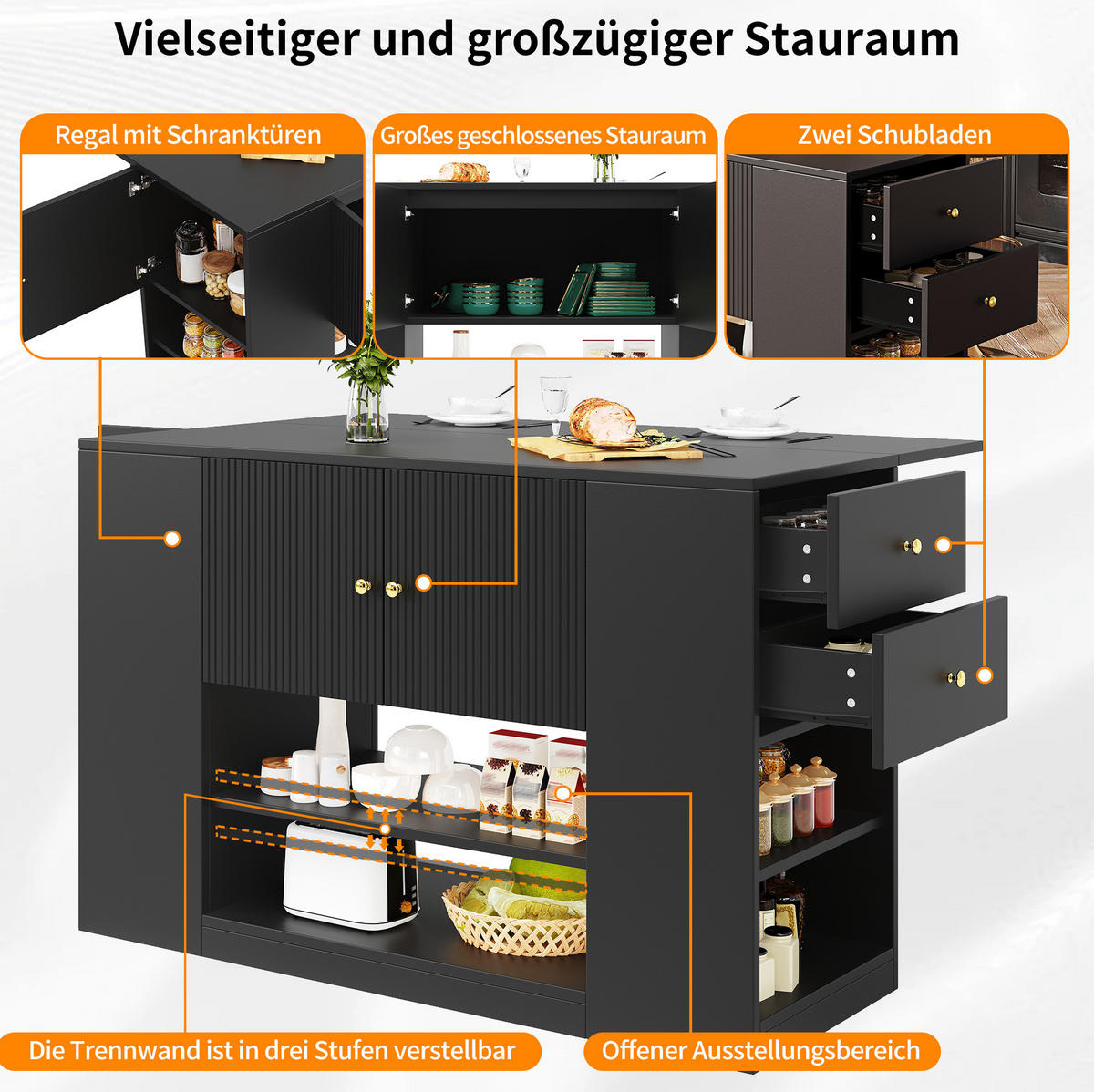 KÜCHENINSEL 140/90/40 cm Schwarz aus MDF mit klappbarer Tischplatte - Schwarz, Holzwerkstoff (40/90/140cm) - OKMYHOME