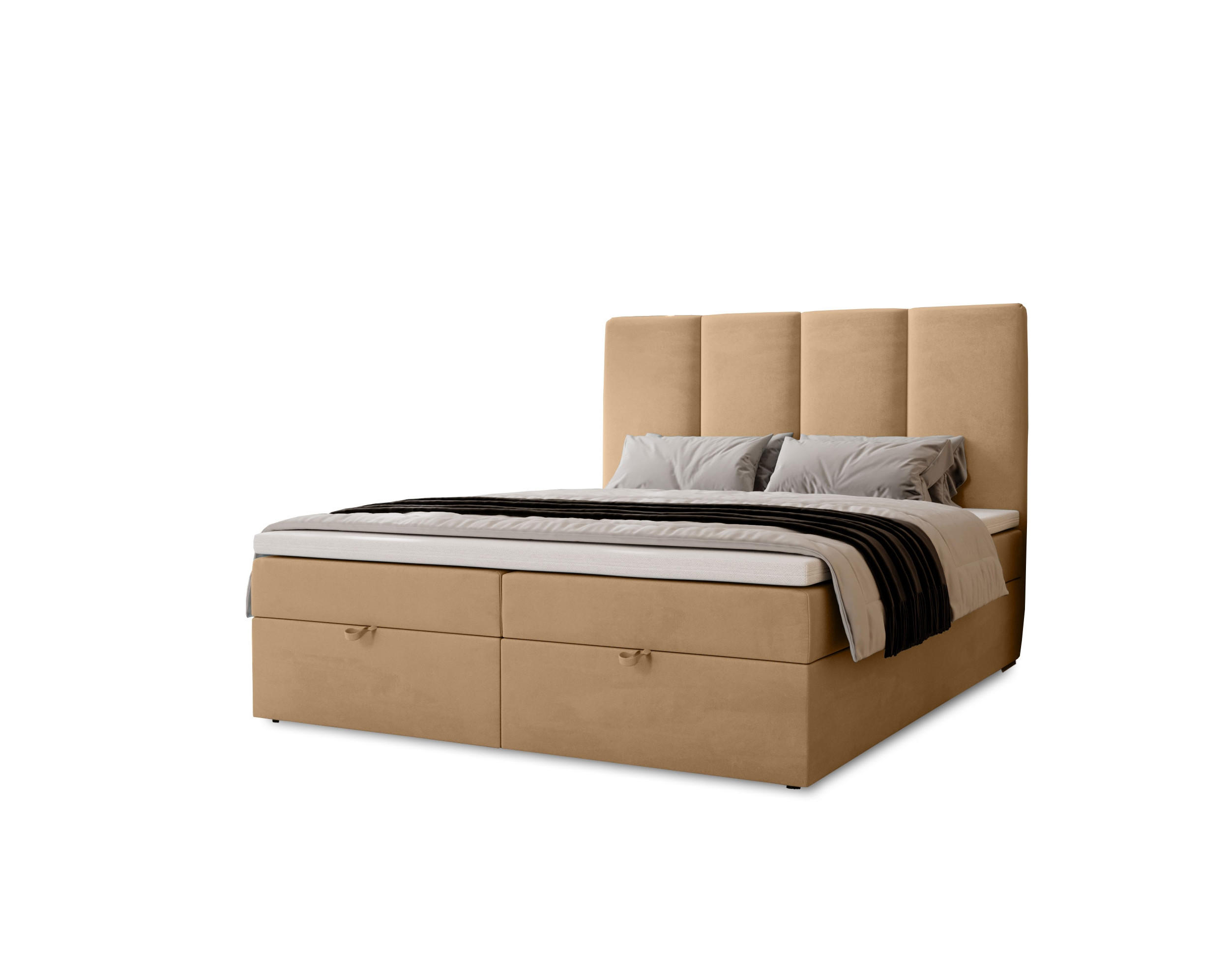BOXBETT Malmo mit 2 Bettkästen, 120x200, Beige, Velourstoff, Doppelbett mit Bonell-Matratze und Topper - Beige, Holz/Kunststoff (120/200cm) - Marpur