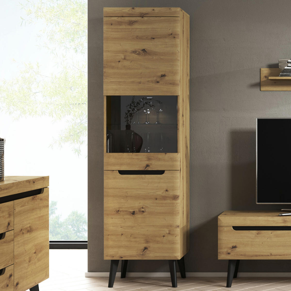 VITRINE SUDBURRY WIT1-2D Fronten, aus MDF-Platte, Eiche - Eichefarben, Holzwerkstoff/Kunststoff (53/197/40cm) - Komodee