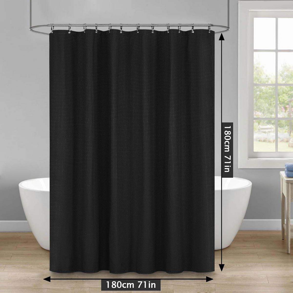 DUSCHVORHANG Schwarz Polyester waschbar wasserdicht Waffelstruktur mit Haken Badezimmer - Schwarz, Textil (180/180cm) - MCBOSON
