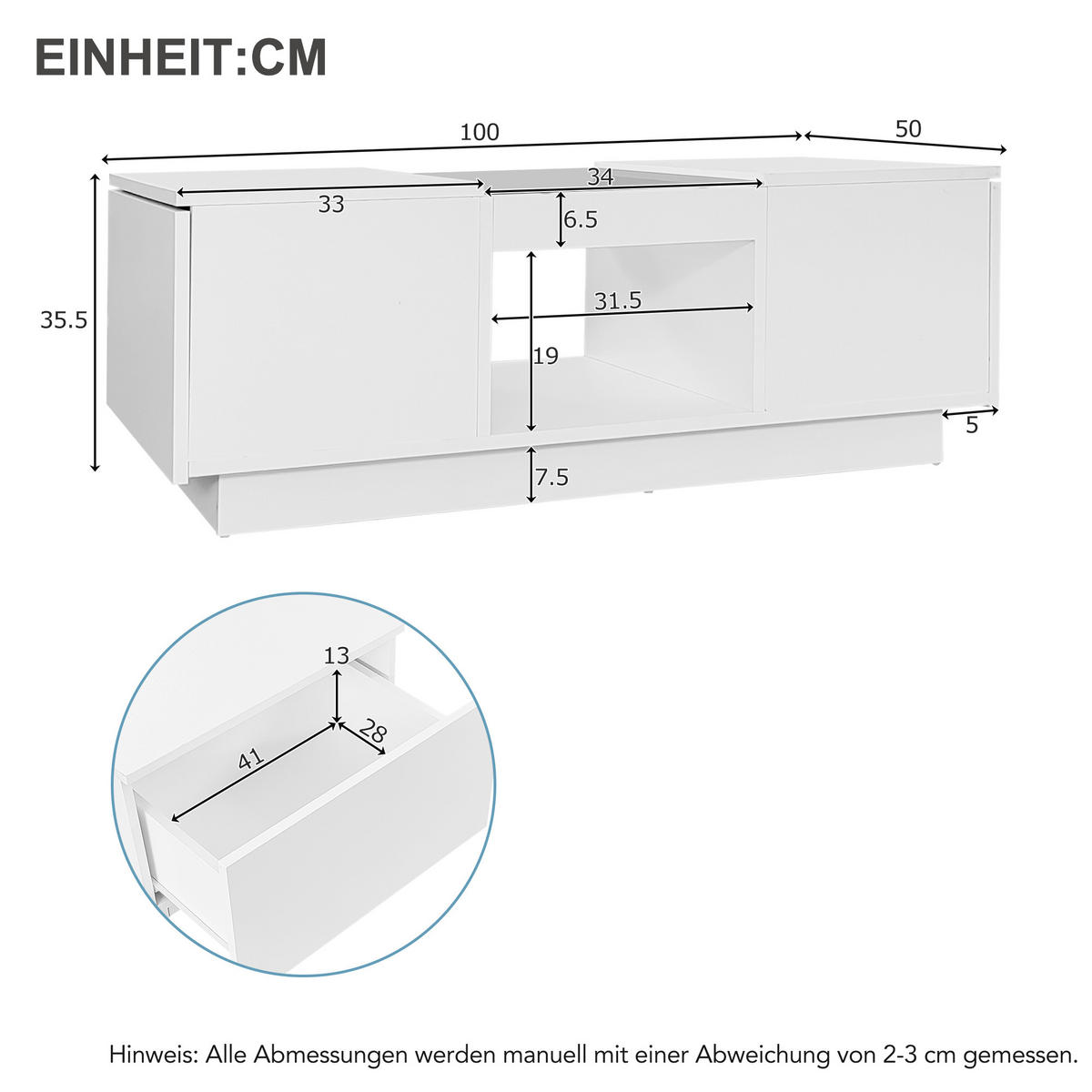 COUCHTISCH in Weiß Couchtisch mit LED-Beleuchtung, App-Steuerung, 2 Schubladen für Wohnzimmer, B100/T50/H35.5cm - Weiß, Holzwerkstoff (50/100/35.5cm) - STILVORA