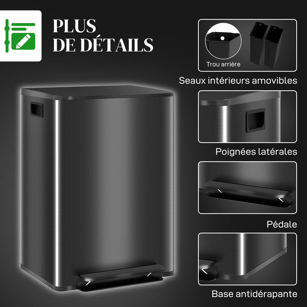 MÜLLTRENNSYSTEM Schwarz Soft-Close Pedal Edelstahl 2x30L - Schwarz, Metall (47.7/66.8/37.5cm) - PANGIVO