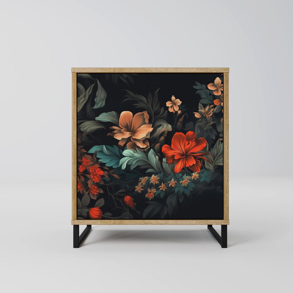 SIDEBOARD IMAGINARY BLOSSOM, Eichefarben, 57,5x42x70,5 cm, Schwarze Metall-Sternfüße - Eichefarben/Multicolor, Holzwerkstoff/Metall (57.5/70.5/42cm) - SpaceRebels