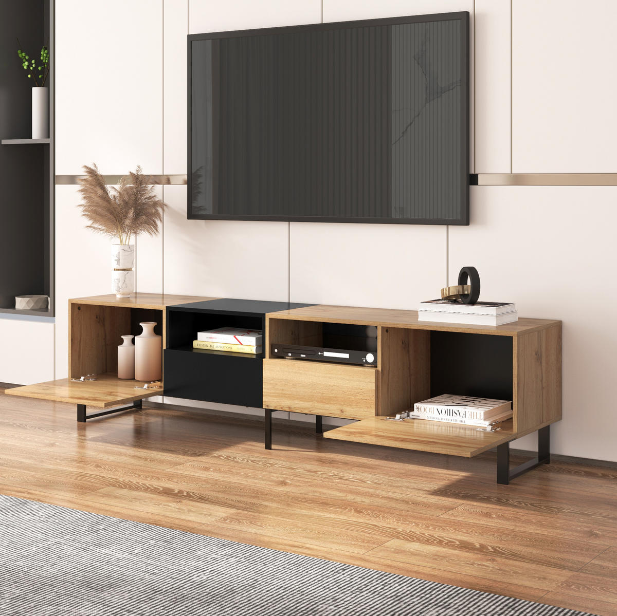 TV stalak 190/38/48 cm crni i boja prirodnog drva od MDF-a s 2 vrata i 2 ladice - prirodne boje, drvni materijal (190/48/38cm) - OKWISH